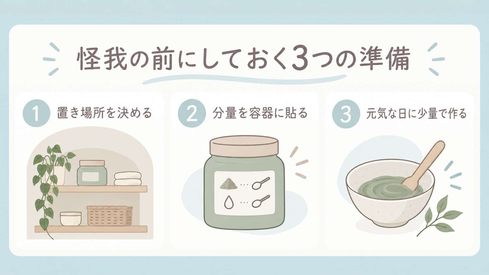 クレイを使う前に決めておく置き場所、分量表示、少量練習の3項目