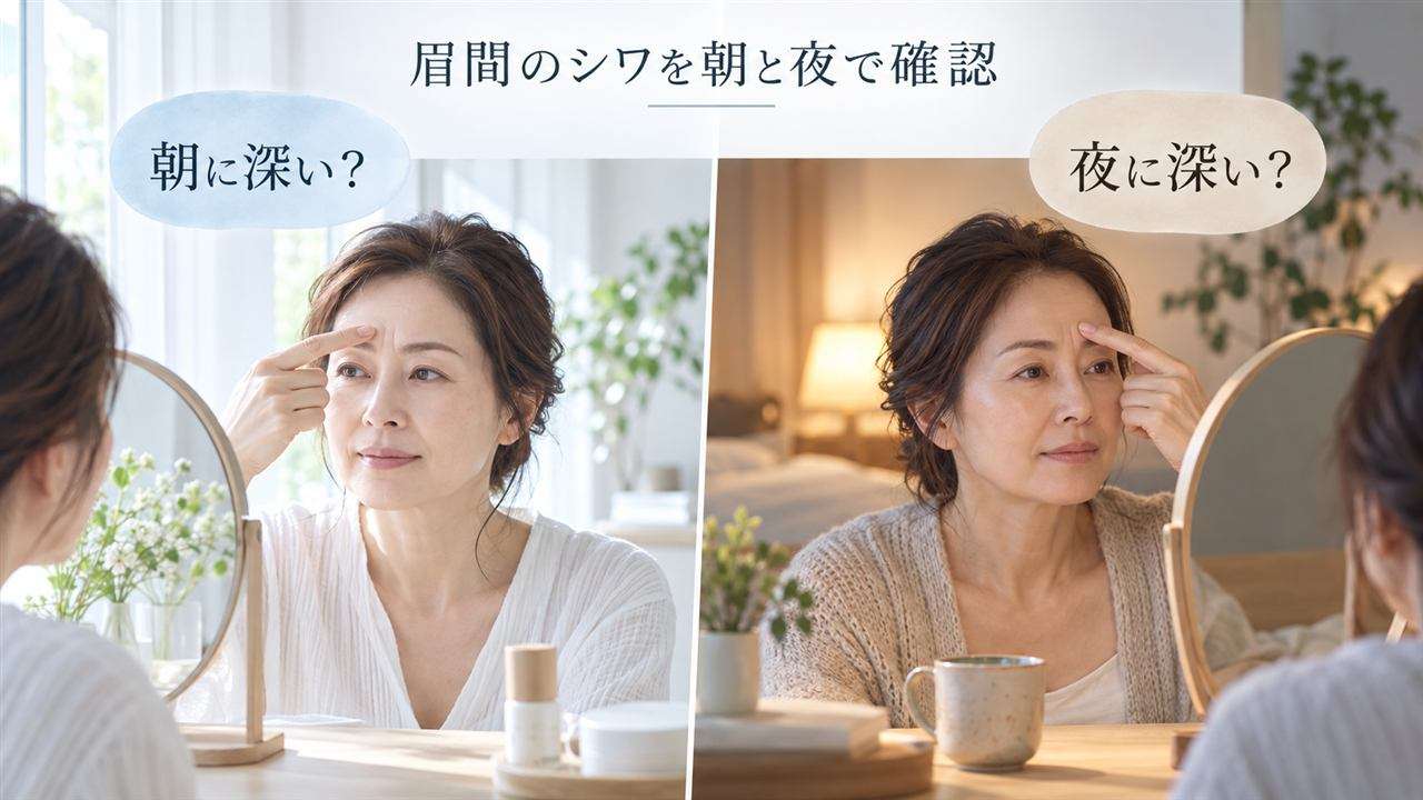朝と夜に鏡で眉間のシワを確認する様子