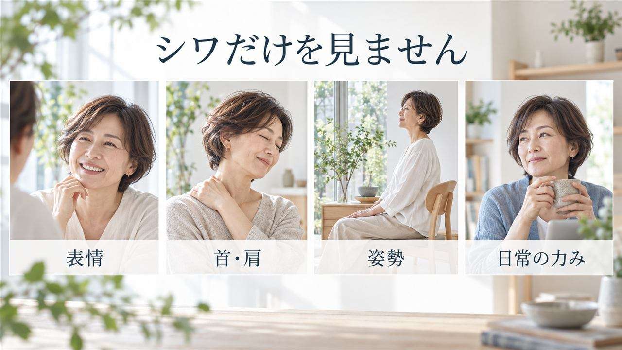 サロンで表情、首肩、姿勢、日常の力みを見ることを示す写真図解