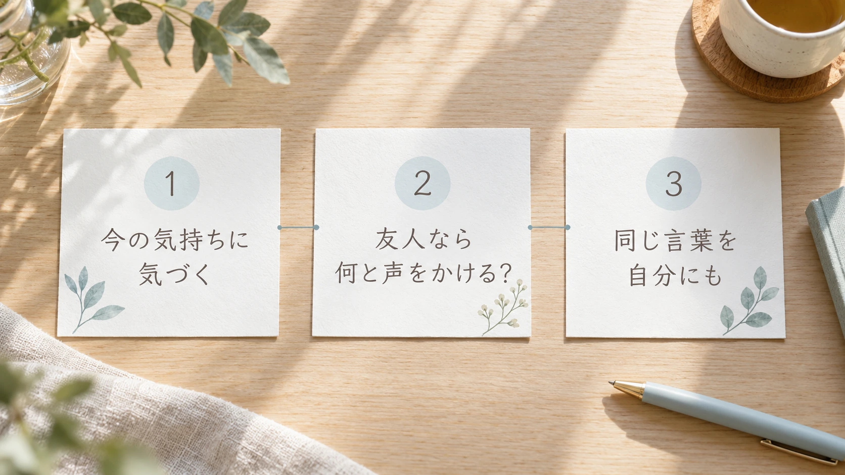 今の気持ちに気づき、友人なら何と声をかけるか考え、同じ言葉を自分にも向ける3段階
