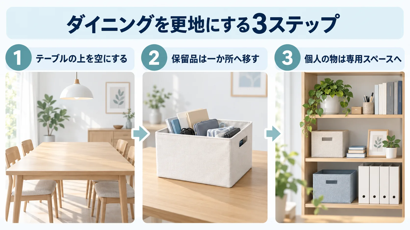 テーブルを空にする、保留品を移す、個人の物を専用スペースへ移す3ステップ