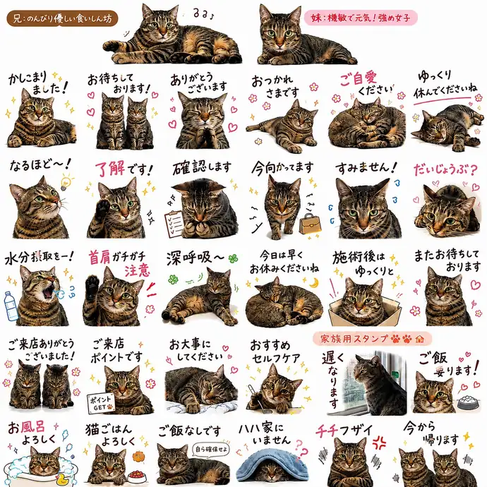 ChatGPTで作った最初のスタンプ案。兄妹猫の紹介と、サロン用・家族用の言葉入りの絵が一枚に並んでいる、切り出し前の画像