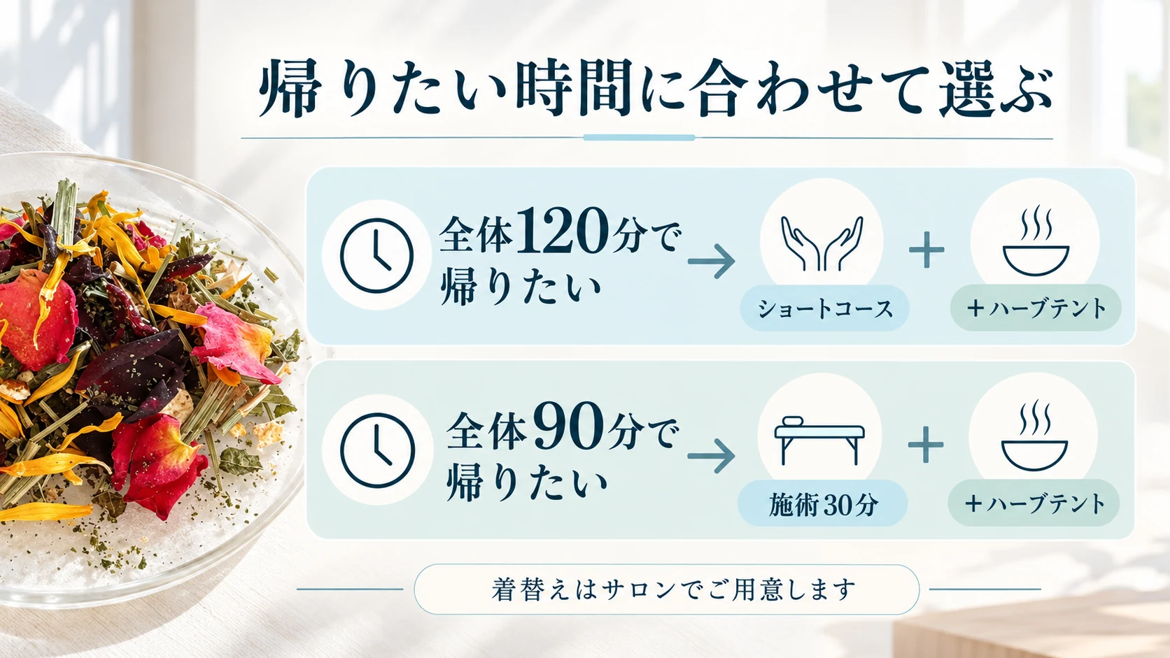 全体120分ならショートコースとハーブテント、全体90分なら施術30分とハーブテントというコース選び。着替えはサロンで用意する