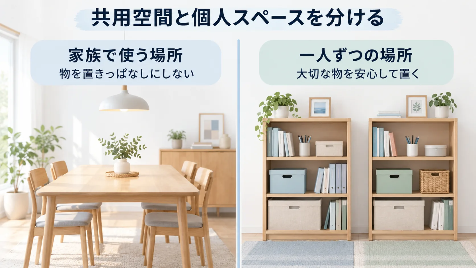 家族で使う共用空間と、それぞれの物を置く個人スペースを分ける考え方