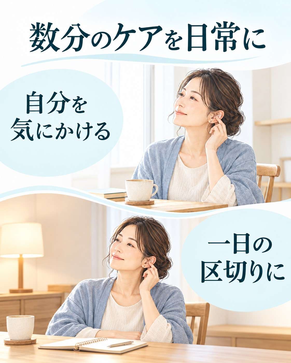 ひと息ついたときや一日の区切りに自分の耳へ触れるセルフケアの利用イメージ