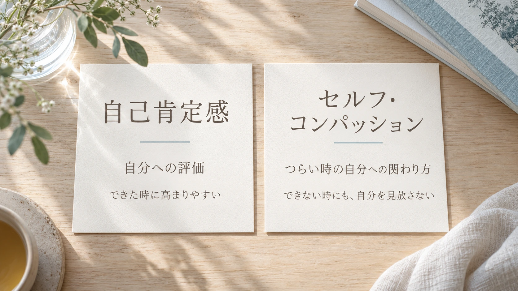 自己肯定感は自分への評価、セルフ・コンパッションはつらい時の自分への関わり方と示した比較図
